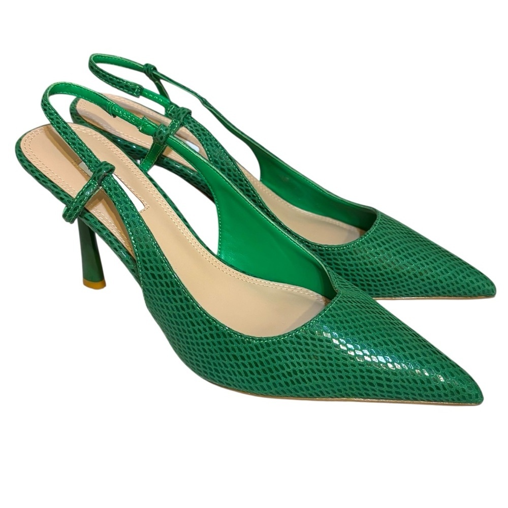 Dune London heels Cabanna green snake slingback pointy toe shoes size 7 US 38 EU
